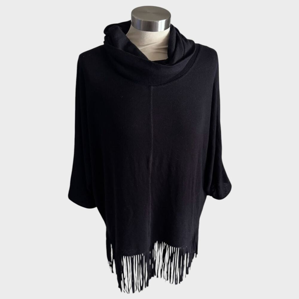 Terre Bleue Black Medium Cowl Neck Fringed Sweater Top Poly Rayon Spandex